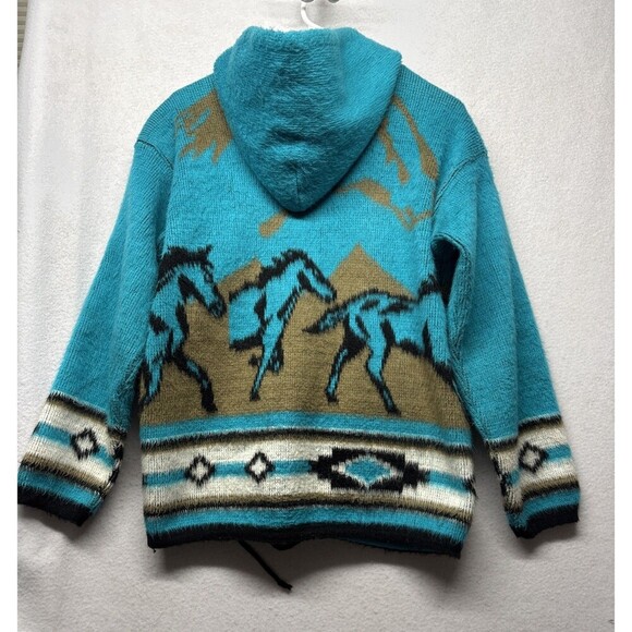 SW Aztec Hoodie VTG Zip Up Wool Blend Hooded Jacket Size Small 90s Teal Horse - Picture 4 of 4
